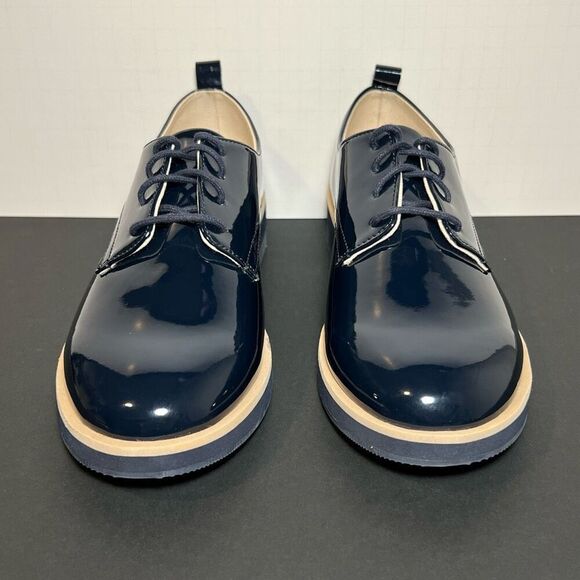 Womens ZARA Blucher Charol Navy Blue Patent Leather Lace Up Oxfords / Size 8 - Picture 2 of 9